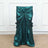 Teal satin chair cover with bow detail on a plain backdrop.