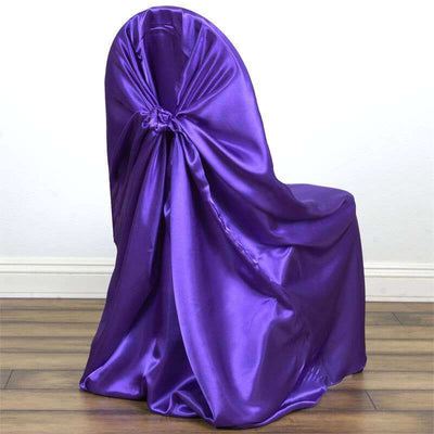 Satin Self-Tie Universal Chair Cover Purple - Reusable Slip-On Slipcover for Folding, Dining, Banquet & Standard Size Chairs