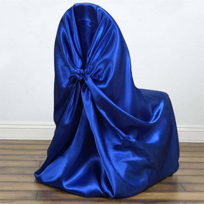Satin Self-Tie Universal Chair Cover Royal Blue - Reusable Slip-On Slipcover for Folding, Dining, Banquet & Standard Size Chairs