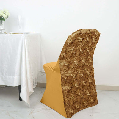 Satin Spandex Folding Chair Cover Gold Rosette Design - Wrinkle Resistant Stretch Fitted Slipcover