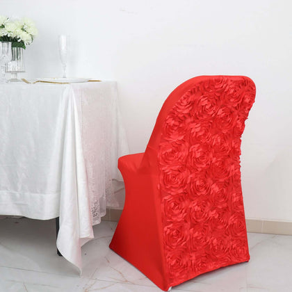 Satin Spandex Folding Chair Cover Red Rosette Design - Wrinkle Resistant Stretch Fitted Slipcover