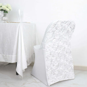 White chair with rose-patterned backrest in a dining setting.
