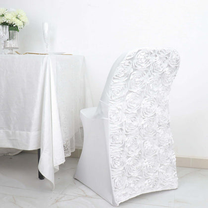 Satin Spandex Folding Chair Cover White Rosette Design - Stylish Wrinkle Resistant Stretch Fitted Slipcover for Weddings & Parties