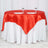 Red satin tablecloth on a round table with white skirt and plates.