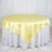 Round yellow satin tablecloth on a white table.