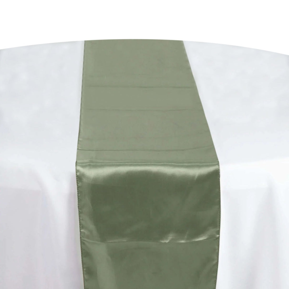 Olive green satin table runner on a white table #whtbkgd