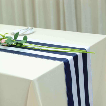 Satin Table Runner 12"x108" Navy Blue/White - Stripe Table Linen