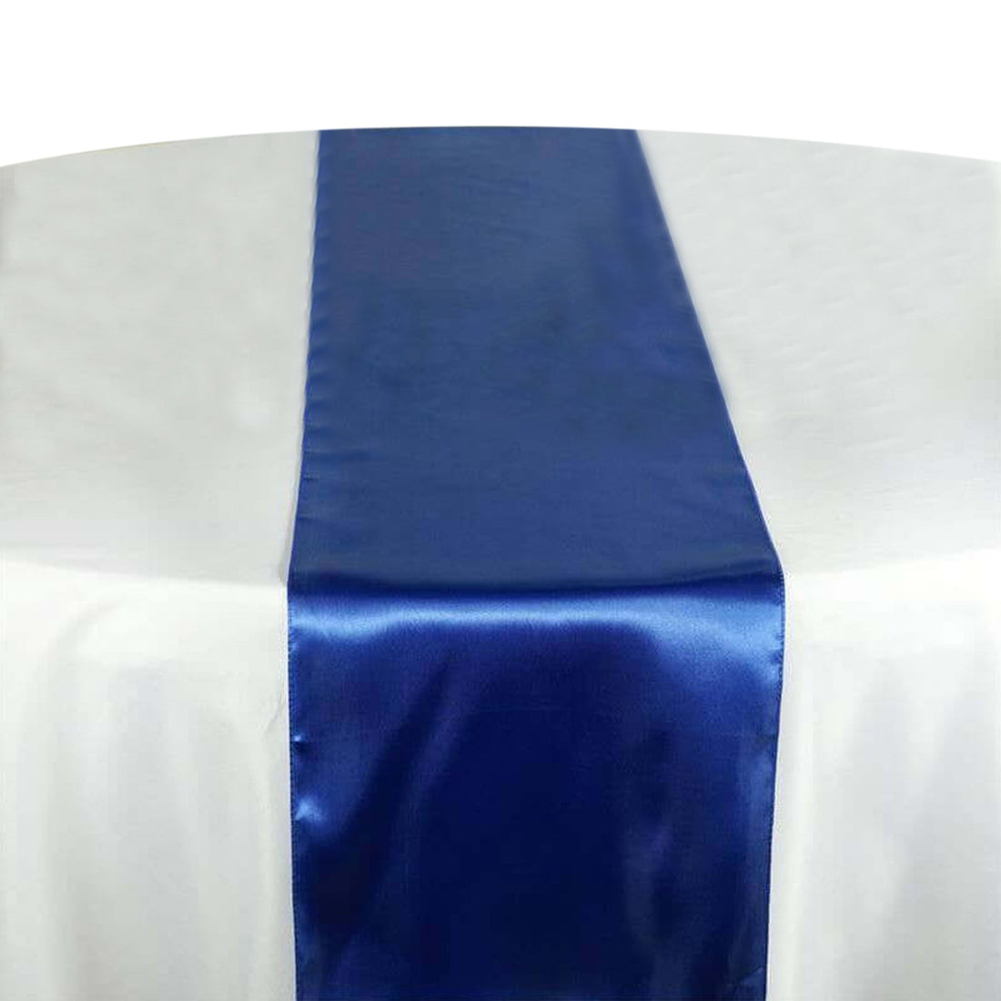 Navy satin table runner on a white tablecloth #whtbkgd