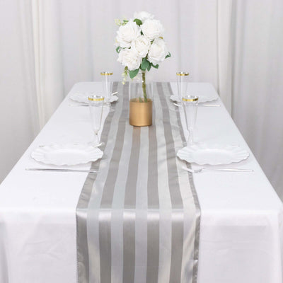 Satin Table Runner 12"x108" Silver - Stripe Wrinkle Resistant Linen