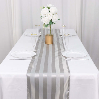 Satin Table Runner 12"x108" Silver - Stripe Wrinkle Resistant Linen