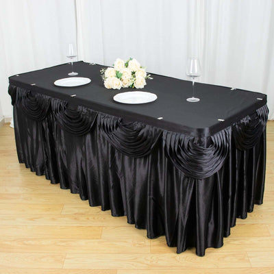 Satin Table Skirt 14ft Black - Pleated Double Drape Table Cover