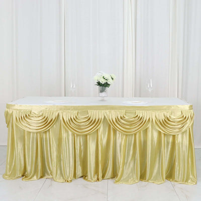 Satin Table Skirt 14ft Champagne - Pleated Double Drape Table Cover