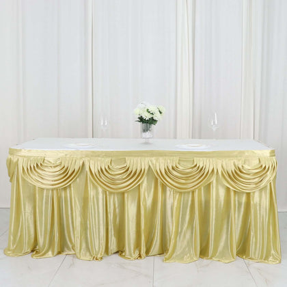 Satin Table Skirt 14ft Champagne - Pleated Double Drape Table Cover