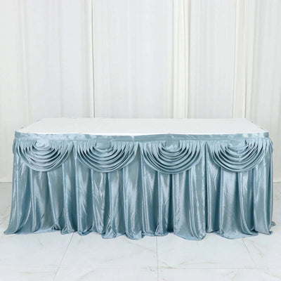 Satin Table Skirt 14ft Dusty Blue - Pleated Double Drape Table Cover