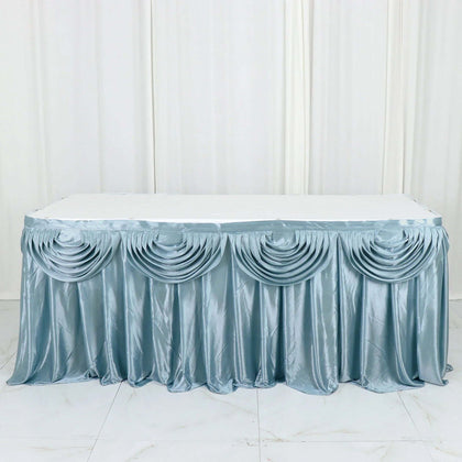 Satin Table Skirt 14ft Dusty Blue - Pleated Double Drape Table Cover