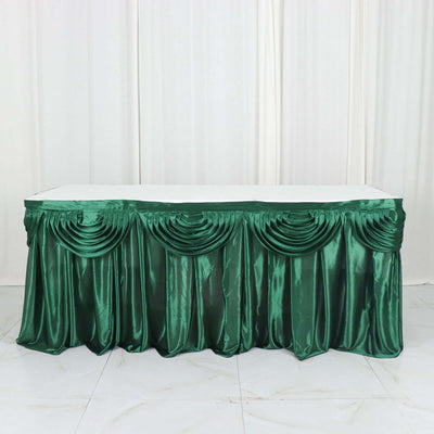 Satin Table Skirt 14ft Hunter Emerald Green - Pleated Double Drape Table Cover