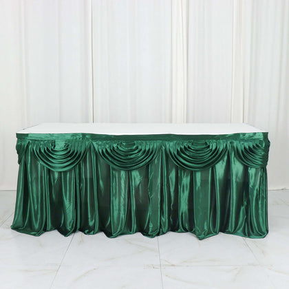 Satin Table Skirt 14ft Hunter Emerald Green - Pleated Double Drape Table Cover
