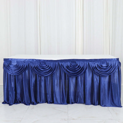 Satin Table Skirt 14ft Navy Blue - Pleated Double Drape Table Cover