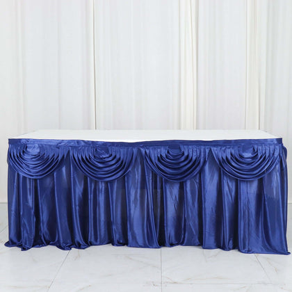 Satin Table Skirt 14ft Navy Blue - Pleated Double Drape Table Cover