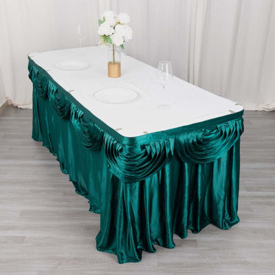 Satin Table Skirt 14ft Peacock Teal - Pleated Double Drape Table Cover