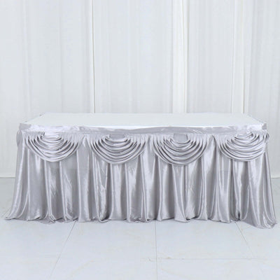 Satin Table Skirt 14ft Silver - Pleated Double Drape Table Cover