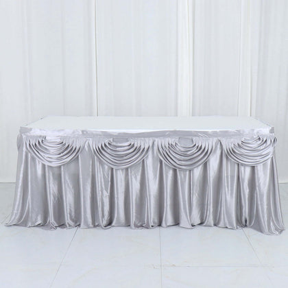 Satin Table Skirt 14ft Silver - Pleated Double Drape Table Cover