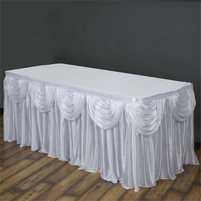 Satin Table Skirt 14ft White Pleated Double Drape Design - Soft & Stylish for Events