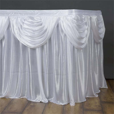 Satin Table Skirt 21ft White - Pleated Double Drape Design, Soft & Stylish for Events