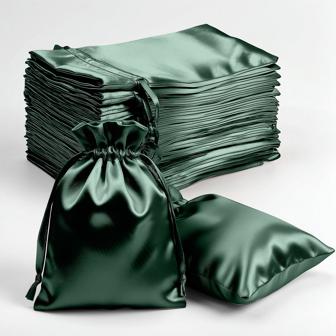 Green satin drawstring bags stacked and displayed on a plain background.