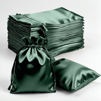 60 Pack Hunter Emerald Green Satin Wedding Party Favor Bags, Drawstring Pouch Gift Bags 4"x6"