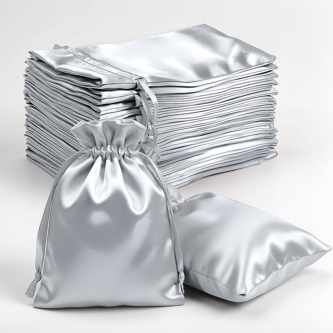 Silver satin drawstring bags stacked with one bag in front.