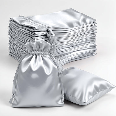 60 Pack Silver Satin Wedding Party Favor Bags, Drawstring Pouch Gift Bags 4"x6"