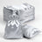 Silver satin drawstring bags stacked with one bag in front.
