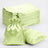 Green satin drawstring bags stacked with one bag and pillow on white background.