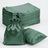 Green satin drawstring bags stacked and one on its side.