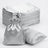 Silver satin drawstring bags and flat pouches stacked on white background.