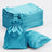 Set of turquoise satin drawstring bags and cushions