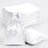 White satin drawstring bags stacked and one bag in front.