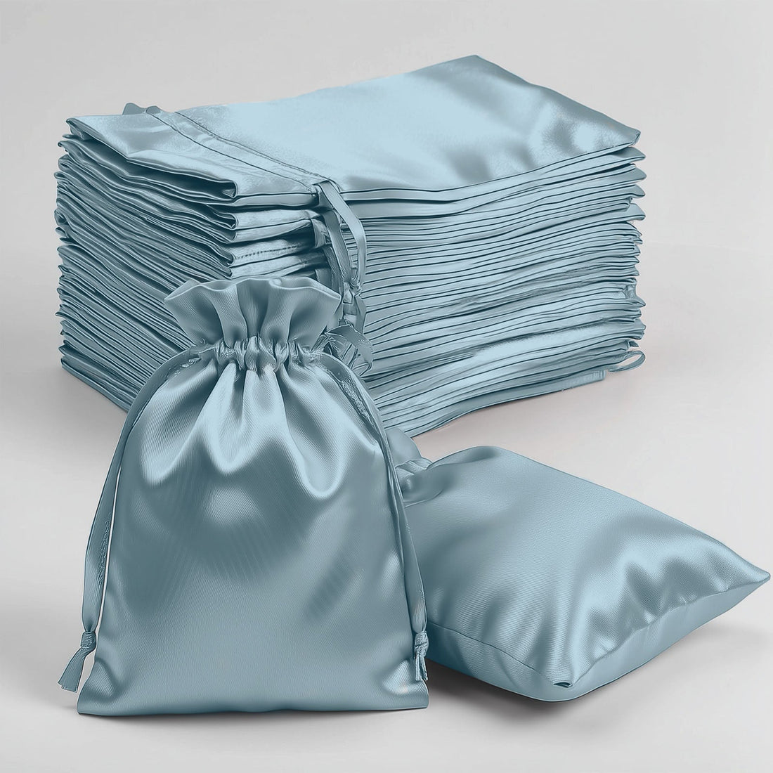 Blue satin bags stacked with one bag and pillow on a plain background