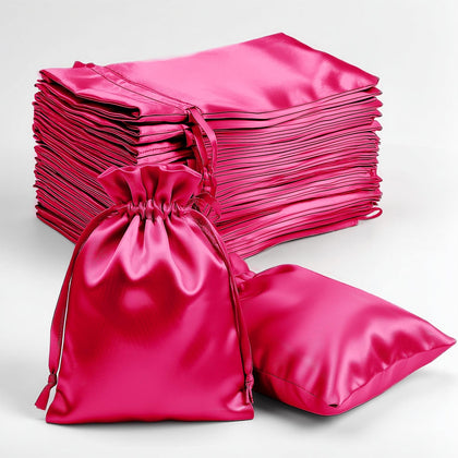 60 Pack Fuchsia Satin Wedding Party Favor Bags, Drawstring Pouch Gift Bags 4"x6"