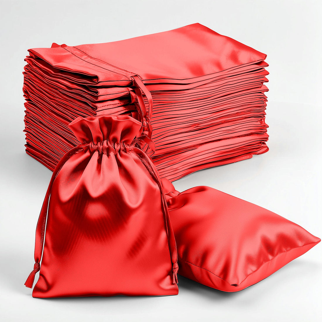 Red satin drawstring bags and flat pouches stacked together.