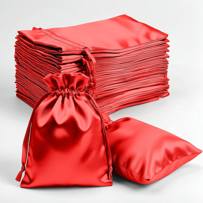 60 Pack Red Satin Wedding Party Favor Bags, Drawstring Pouch Gift Bags 4"x6"