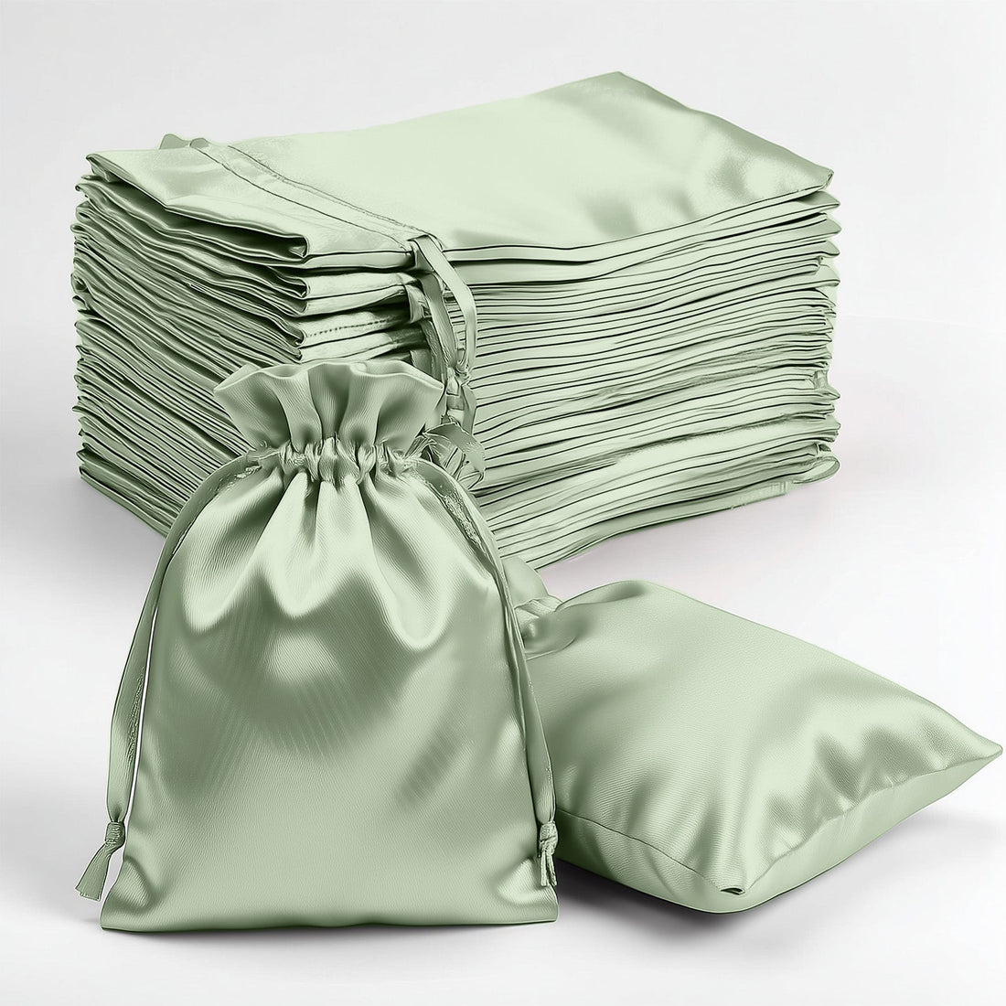 Set of green satin drawstring bags and pillowcases
