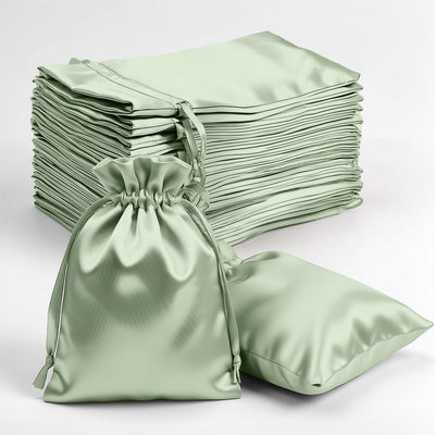 60 Pack Sage Green Satin Wedding Party Favor Bags, Drawstring Pouch Gift Bags 4"x6"