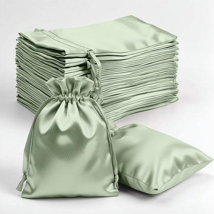 60 Pack Sage Green Satin Wedding Party Favor Bags, Drawstring Pouch Gift Bags 4"x6"