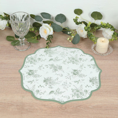 10-Pack Disposable Table Placemats 13" White with Sage Green French Toile Pattern & Scalloped Rim - 400GSM Cardboard Placemats for Classy Events