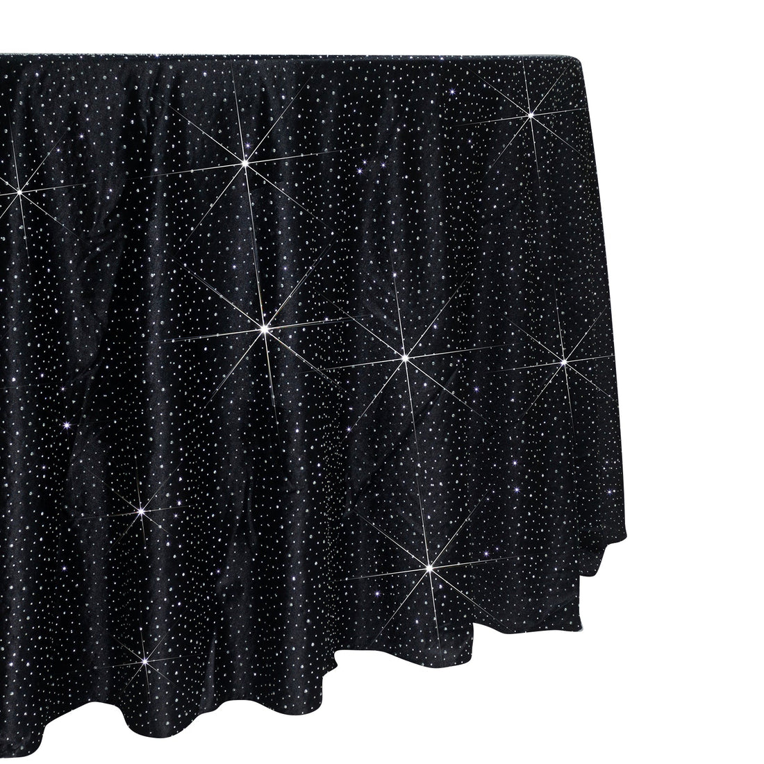 Black tablecloth with sparkling star design, perfect for elegant events.