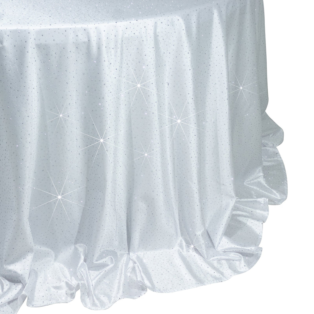 Sparkling white tablecloth with ruffled edges and shimmering details