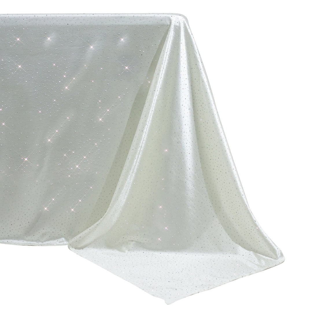 Shimmering white fabric with sparkles, elegantly draped.