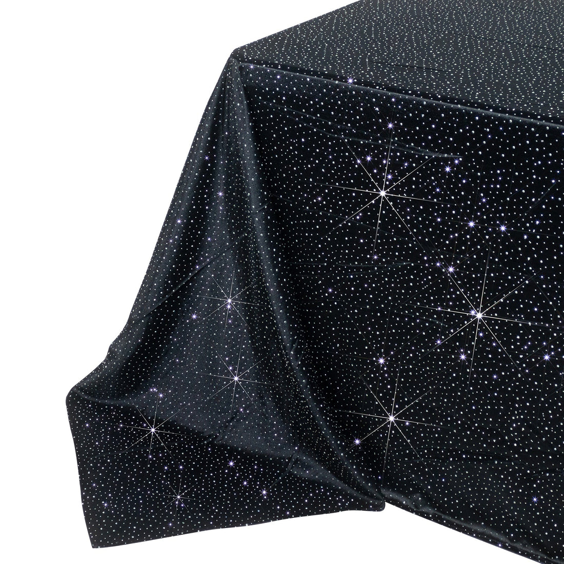 Black tablecloth with star pattern design, perfect for festive occasions.